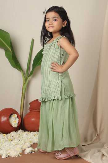 Shop_Poochkie_Green Silk, Organza Mukta Embroidered Kurta And Palazzo Set _Online_at_Aza_Fashions