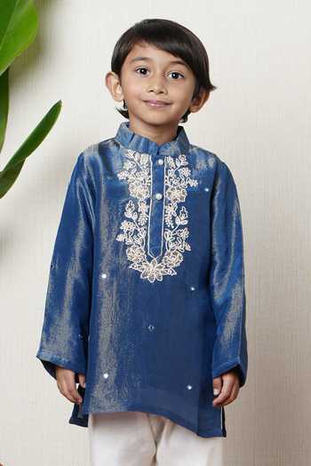 Buy_Poochkie_Blue Silk, Viscose Dori Embroidered Kurta Set _Online_at_Aza_Fashions