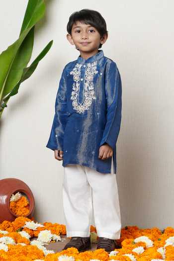 Shop_Poochkie_Blue Silk, Viscose Dori Embroidered Kurta Set _Online_at_Aza_Fashions
