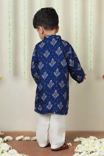 Shop_Poochkie_Blue Silk, Viscose Bandhani Print Kurta Set _at_Aza_Fashions