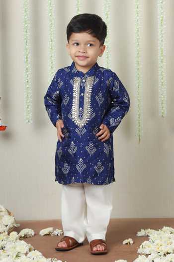 Buy_Poochkie_Blue Silk, Viscose Bandhani Print Kurta Set _at_Aza_Fashions
