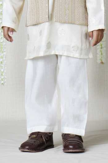 Poochkie_Beige Silk, Brocade Embroidery Bundi And Kurta Set _Online_at_Aza_Fashions