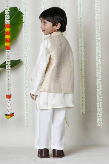 Shop_Poochkie_Beige Silk, Brocade Embroidery Bundi And Kurta Set _at_Aza_Fashions
