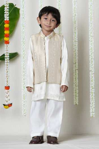 Shop_Poochkie_Beige Silk, Brocade Embroidery Bundi And Kurta Set _Online_at_Aza_Fashions
