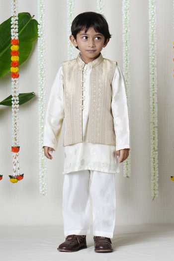 Poochkie_Beige Silk, Brocade Embroidery Bundi And Kurta Set _at_Aza_Fashions
