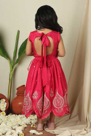 Shop_Poochkie_Pink Silk, Viscose Roshan Gulal Embroidered Lehenga And Blouse Set _at_Aza_Fashions