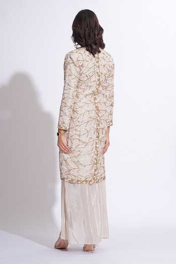 Shop_Shruti S_Grey Silk, Crepe Mandarin Collar Embroidered Jacket And Skirt Set _at_Aza_Fashions
