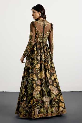 Shop_RI.Ritu Kumar_Olive Green Silk Round Neck Antique Floral Print Long Flared Dress _at_Aza_Fashions