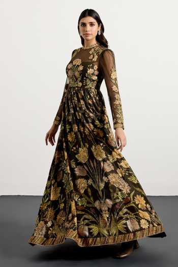 RI.Ritu Kumar_Olive Green Silk Round Neck Antique Floral Print Long Flared Dress _Online_at_Aza_Fashions