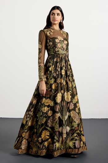 Shop_RI.Ritu Kumar_Olive Green Silk Round Neck Antique Floral Print Long Flared Dress _Online_at_Aza_Fashions