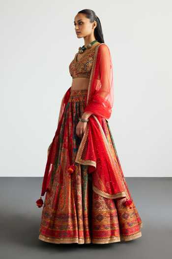 RI.Ritu Kumar_Red Viscose, Polyester V-neck Jaisalmer Printed Lehenga Set _Online_at_Aza_Fashions