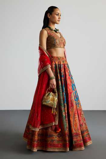 Buy_RI.Ritu Kumar_Red Viscose, Polyester V-neck Jaisalmer Printed Lehenga Set _Online_at_Aza_Fashions