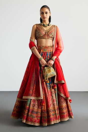 Buy_RI.Ritu Kumar_Red Viscose, Polyester V-neck Jaisalmer Printed Lehenga Set _at_Aza_Fashions