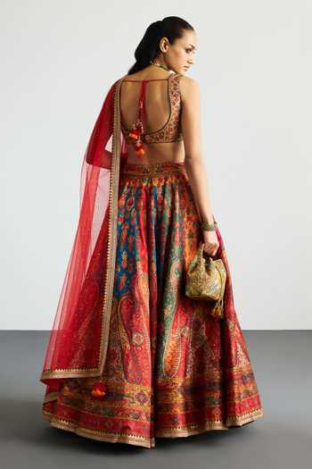 Shop_RI.Ritu Kumar_Red Viscose, Polyester V-neck Jaisalmer Printed Lehenga Set _at_Aza_Fashions