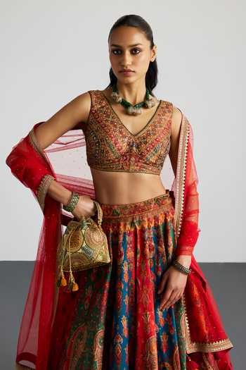 Shop_RI.Ritu Kumar_Red Viscose, Polyester V-neck Jaisalmer Printed Lehenga Set _Online_at_Aza_Fashions