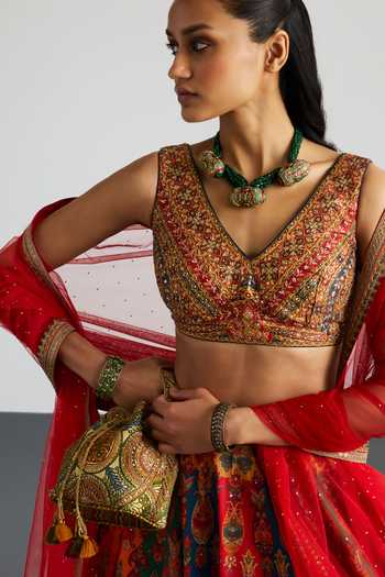 RI.Ritu Kumar_Red Viscose, Polyester V-neck Jaisalmer Printed Lehenga Set _at_Aza_Fashions