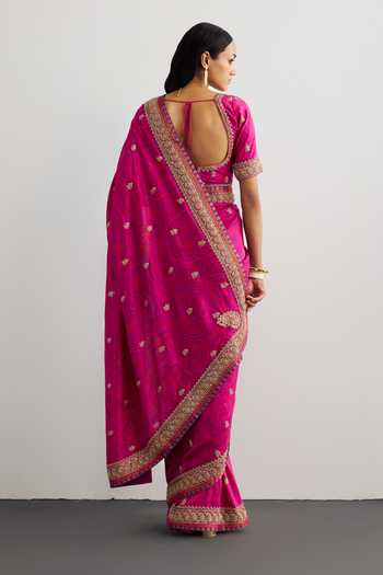 Shop_RI.Ritu Kumar_Fuchsia Silk, Dupion Brocade Jamawar Saree With Unstitched Blouse Piece _at_Aza_Fashions
