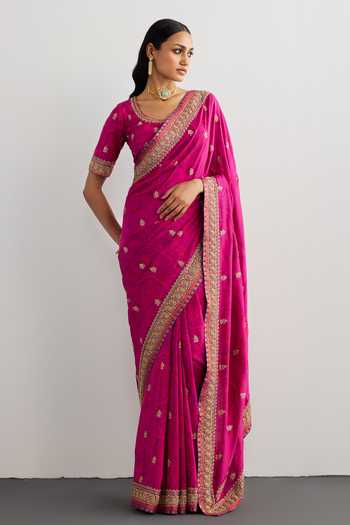 Buy_RI.Ritu Kumar_Fuchsia Silk, Dupion Brocade Jamawar Saree With Unstitched Blouse Piece _at_Aza_Fashions