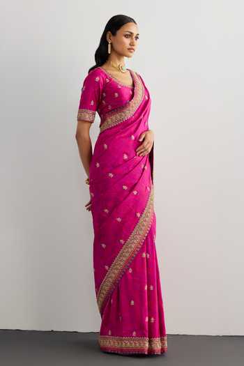 Buy_RI.Ritu Kumar_Fuchsia Silk, Dupion Brocade Jamawar Saree With Unstitched Blouse Piece 