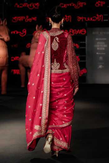 Shop_RI.Ritu Kumar_Fuchsia Silk, Velvet High Neck, Mandarin Brocade Jamavar Saree Set With Jacket _at_Aza_Fashions
