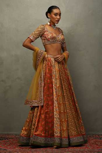 Buy_RI.Ritu Kumar_Orange Viscose, Silk, Polyester Sweetheart Roshafi Printed Panelled Lehenga Set _Online_at_Aza_Fashions