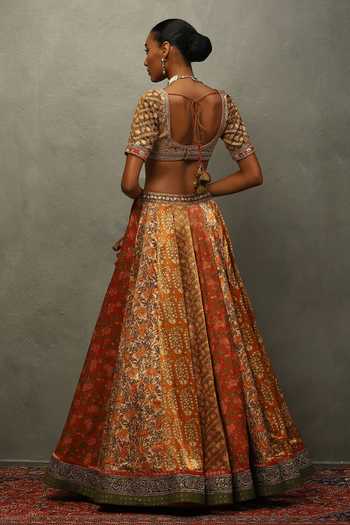 Shop_RI.Ritu Kumar_Orange Viscose, Silk, Polyester Sweetheart Roshafi Printed Panelled Lehenga Set _at_Aza_Fashions