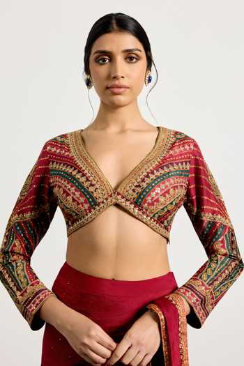 Buy_RI.Ritu Kumar_Magenta Viscose, Chinon, Silk, Dupion Gulzar Garden Pre-draped Saree With Blouse _Online_at_Aza_Fashions