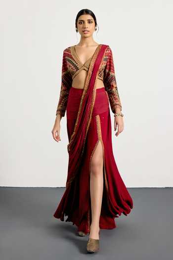 Shop_RI.Ritu Kumar_Magenta Viscose, Chinon, Silk, Dupion Gulzar Garden Pre-draped Saree With Blouse _Online_at_Aza_Fashions