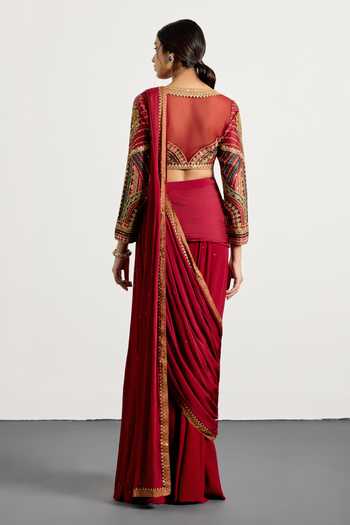 Shop_RI.Ritu Kumar_Magenta Viscose, Chinon, Silk, Dupion Gulzar Garden Pre-draped Saree With Blouse _at_Aza_Fashions