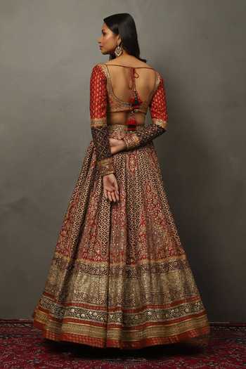 Shop_RI.Ritu Kumar_Red Silk, Polyester, Dupion Sweetheart Satnam Zardozi Embroidered Lehenga Set _at_Aza_Fashions