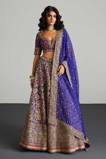 Buy_RI.Ritu Kumar_Purple Organza, V-neck Alaknanda Printed And Embroidered Lehenga Set _at_Aza_Fashions