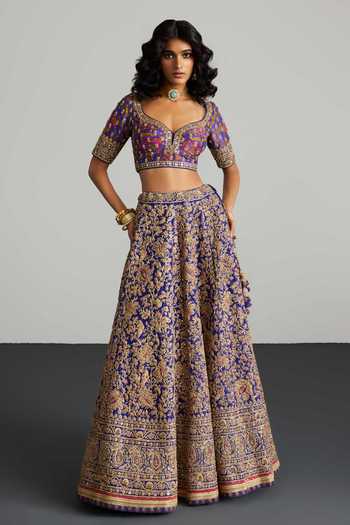 RI.Ritu Kumar_Purple Organza, V-neck Alaknanda Printed And Embroidered Lehenga Set _Online_at_Aza_Fashions