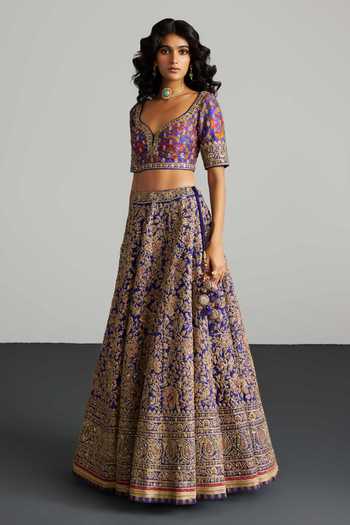 Buy_RI.Ritu Kumar_Purple Organza, V-neck Alaknanda Printed And Embroidered Lehenga Set _Online_at_Aza_Fashions