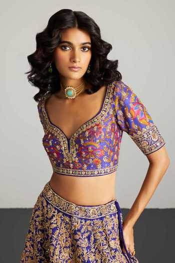 Shop_RI.Ritu Kumar_Purple Organza, V-neck Alaknanda Printed And Embroidered Lehenga Set _Online_at_Aza_Fashions