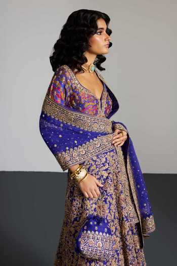 RI.Ritu Kumar_Purple Organza, V-neck Alaknanda Printed And Embroidered Lehenga Set _at_Aza_Fashions