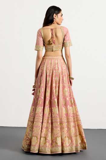 Shop_RI.Ritu Kumar_Pink Silk, Polyester Sweetheart Neck Vara Pastel Embroidered Bridal Lehenga Set _at_Aza_Fashions