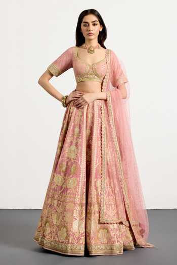 Buy_RI.Ritu Kumar_Pink Silk, Polyester Sweetheart Neck Vara Pastel Embroidered Bridal Lehenga Set _at_Aza_Fashions