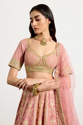 RI.Ritu Kumar_Pink Silk, Polyester Sweetheart Neck Vara Pastel Embroidered Bridal Lehenga Set _at_Aza_Fashions