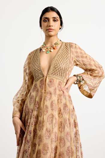RI.Ritu Kumar_Gold Silk Organza Plunge Neck Cheepa Printed And Embroidered Anarkali With Skirt _Online_at_Aza_Fashions