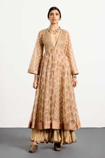 Buy_RI.Ritu Kumar_Gold Silk Organza Plunge Neck Cheepa Printed And Embroidered Anarkali With Skirt _Online_at_Aza_Fashions