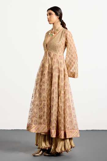Shop_RI.Ritu Kumar_Gold Silk Organza Plunge Neck Cheepa Printed And Embroidered Anarkali With Skirt _Online_at_Aza_Fashions
