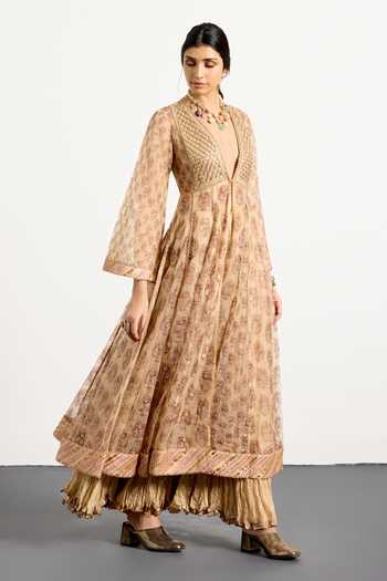 RI.Ritu Kumar_Gold Silk Organza Plunge Neck Cheepa Printed And Embroidered Anarkali With Skirt _at_Aza_Fashions
