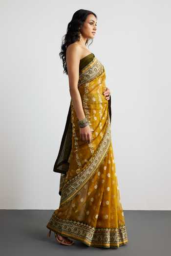 Shop_RI.Ritu Kumar_Yellow Silk Organza Jamdani Printed Saree With Unstitched Blouse Piece _at_Aza_Fashions