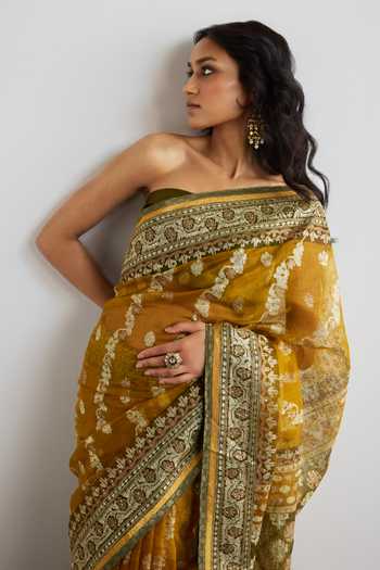 Buy_RI.Ritu Kumar_Yellow Silk Organza Jamdani Printed Saree With Unstitched Blouse Piece _Online_at_Aza_Fashions