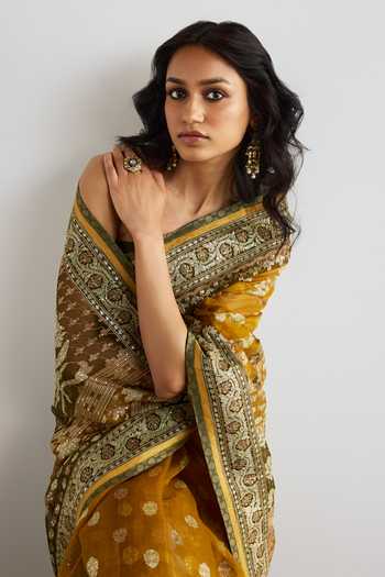 Shop_RI.Ritu Kumar_Yellow Silk Organza Jamdani Printed Saree With Unstitched Blouse Piece _Online_at_Aza_Fashions