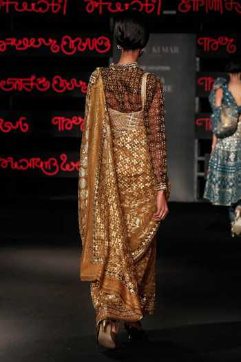 Shop_RI.Ritu Kumar_Olive Green Silk Organza Jamdani Pre-draped Printed Saree With Shirt _at_Aza_Fashions
