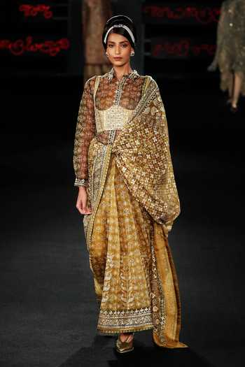 Buy_RI.Ritu Kumar_Olive Green Silk Organza Jamdani Pre-draped Printed Saree With Shirt _at_Aza_Fashions