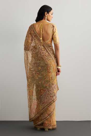 Shop_RI.Ritu Kumar_Peach Silk Organza Sweetheart Neck Pitch Patch Embroidered Saree With Blouse _at_Aza_Fashions