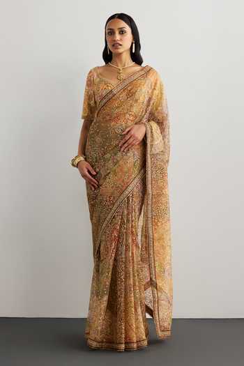 Buy_RI.Ritu Kumar_Peach Silk Organza Sweetheart Neck Pitch Patch Embroidered Saree With Blouse _at_Aza_Fashions