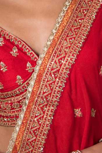 Shop_RI.Ritu Kumar_Red Silk, Dupion Sweetheart Neck Koshi Floral Embroidered Bridal Lehenga Set _Online_at_Aza_Fashions
